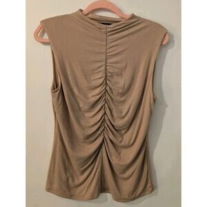 Elie Tahari Sleeveless Top Blouse US M Nude Beige Ruched Back Mock Neck Ribbed